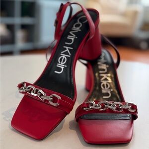 Calvin Klein Red Cartina Heeled Sandals with Silver Chain